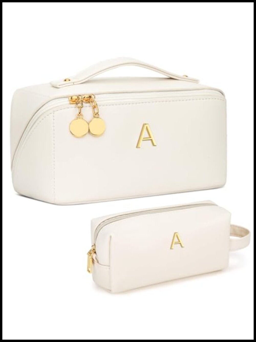 Monogram Initial Makeup Bag - PU Leather Cosmetic Case with Top Handle and